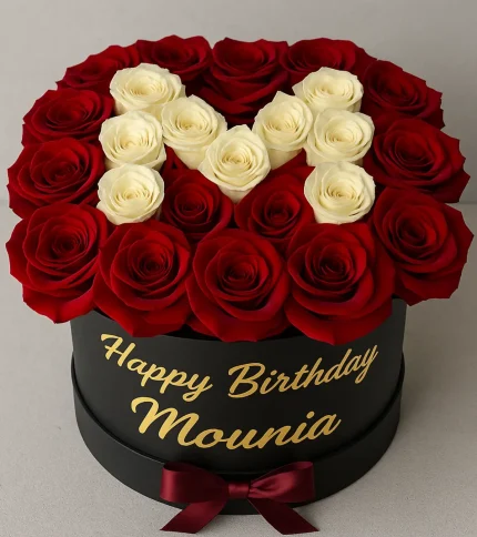 Box Florale Personnalisée – Fleurs Rouges & Lettres en Blanc
