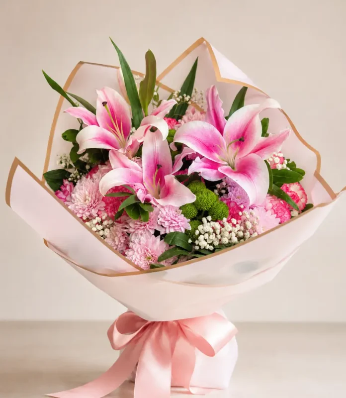 Bouquet Élégance Rose – Lys Roses & Fleurs de Saison