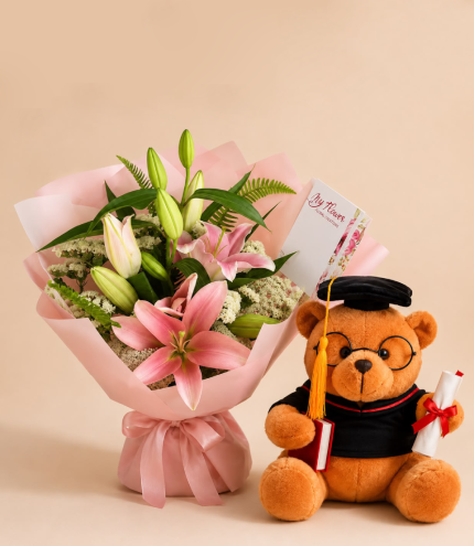 Bouquet Lys Rose & Ourson Diplômé